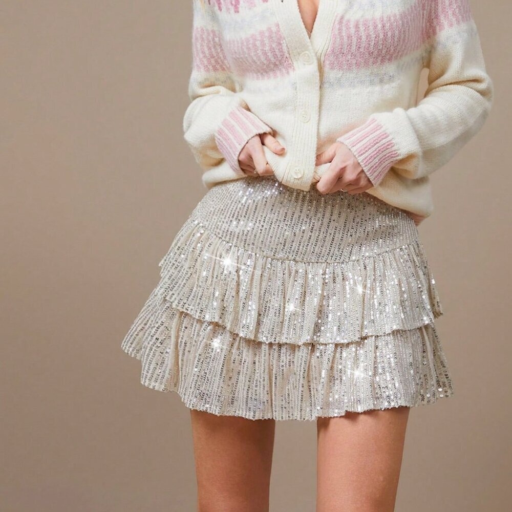 Beige Casual Women's Western Cowgirl Sequin Mini Skirt